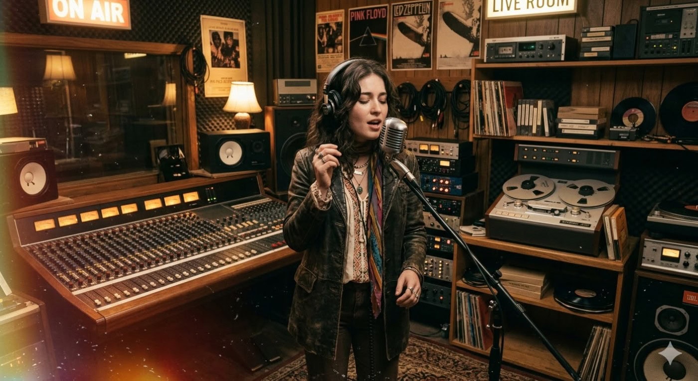 怀旧风格的录音室，女歌手在麦克风前录音，背景有专业音响设备和唱片，展现复古音乐氛围。.